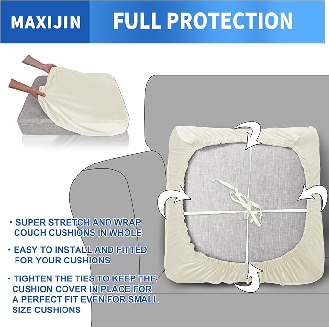 MAXIJIN Velvet Stretch Seat Cushion Covers Couch Cushion Cover for Individual Cushions Sofa Seat Cushion Slipcovers with Elastic Bottom (3 Piece XL Sofa Cushion Covers, Beige)