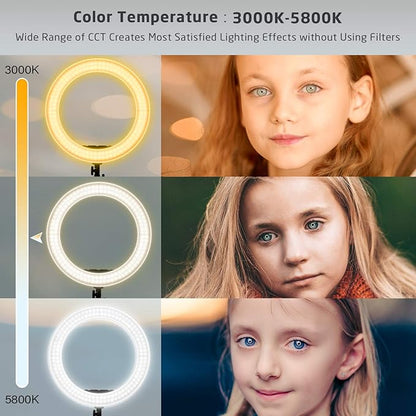 18 inch Ring Light with Stand,60W Bi-Color 3000-5800K Professional Ring Lights with Tripod for Makeup Vlog, Tattoo Large Ring Light for Phone Camera Tablet