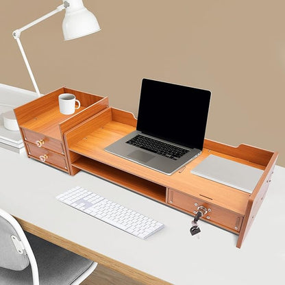 Wood Monitor Stand Riser with 3 Drawers & Lockable Storage – Desktop Organizer for Computer, Laptop, and Office Supplies, Ergonomic Monitor Stand for Desk, Workspace Organizers & Accessories
