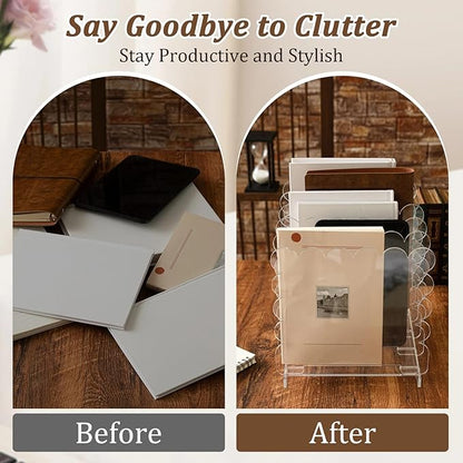 Clear Vertical File Organizer Acrylic File Holder Mails Letter Paper Envelope holder Stand Desk Organizer for Office Home School(Removable 5 Compartments,9.8 x 9.5 x 7.9 Inch)
