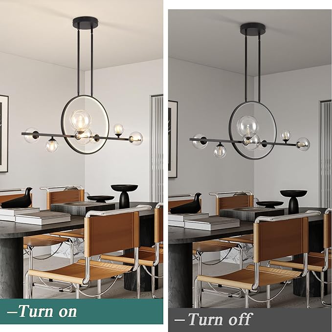 Modern 7 Light Dining Room Chandelier,37.4" Black Dimmable Linear Pendant Lights with Globe Glass Shade,Minimalist Island Light for Dining Room, Office, Kitchen
