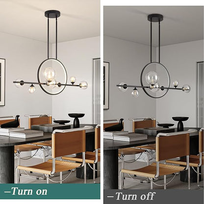 Modern 7 Light Dining Room Chandelier,37.4" Black Dimmable Linear Pendant Lights with Globe Glass Shade,Minimalist Island Light for Dining Room, Office, Kitchen