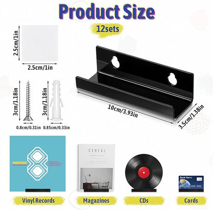 12Pcs Vinyl Record Wall Mount Shelves, 4 Inch Black Acrylic Album Display Shelf Durable Floating Wall Shelves for Record Storage, Album Display, Bookshelf, Picture for Study Room, Living Room