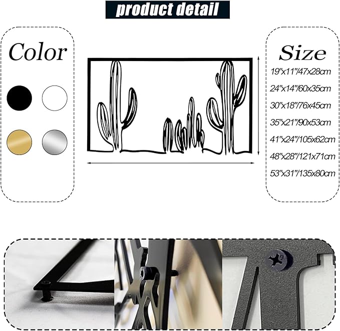 vinwipe Metal Cactus Wall Art, Cactus Metal Wall Decor, Minimalist Cactus Line Wall Art, Southwest Desert Decorations, Nature Decorations (Black, 48"x28"/121x71cm)