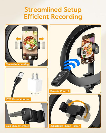 Ring Light with Stand for Desk,Adjustable Overhead Phone Mount with 10" Ring Light Tripod for iPhone,Phone Tripod with Light and Remote Phones Holder for Video Recording,Live Stream,Cooking Video