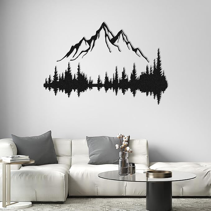 Mountain Lake Forest Large Metal Wall Art Black Minimalist Nature Silhouette Wall Decor Outdoor Landscape Wall Sculpture (31.5x21 inches / 80x53 cm)