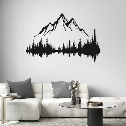 Mountain Lake Forest Large Metal Wall Art Black Minimalist Nature Silhouette Wall Decor Outdoor Landscape Wall Sculpture (63x42 inches / 160x107 cm)