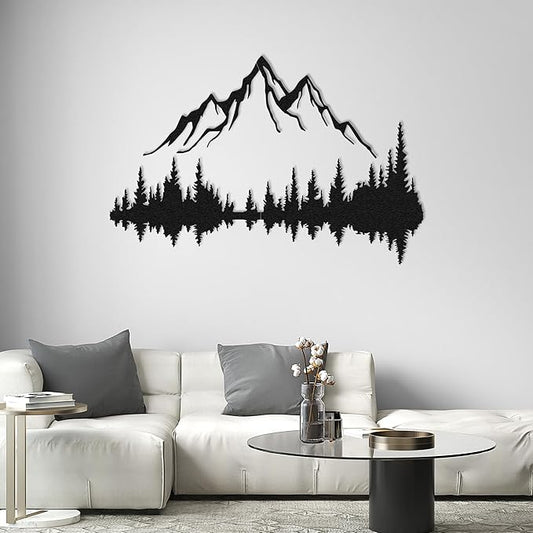Mountain Lake Forest Large Metal Wall Art Black Minimalist Nature Silhouette Wall Decor Outdoor Landscape Wall Sculpture (63x42 inches / 160x107 cm)