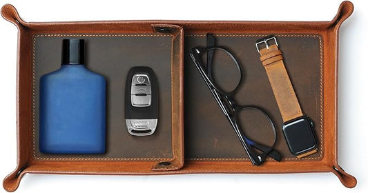 Handmade Leather Catch All Tray and Organizer for Keys, Phones, Jewels, Coins, Rectangular, Choco Brown