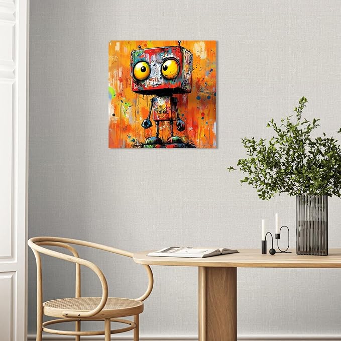 Vibrant Abstract Robot Wall Art Canvas Print Banksy Robot Posters Paintings for Boys Room Wall Decor Graffiti Street Wall Decoration Artwork Prints for Living Room Bedroom Home Office(14''x14'')