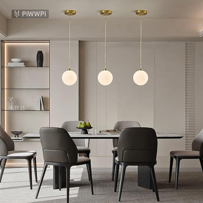 Mid Century Modern Chandelier, 1- Light Globe Glass Ceiling Hanging Chandelier, Glod Pendant Light, White Spherical Blackout Bedside Lamp for Bedroom, Kitchen Island, Dining Room, Living Room