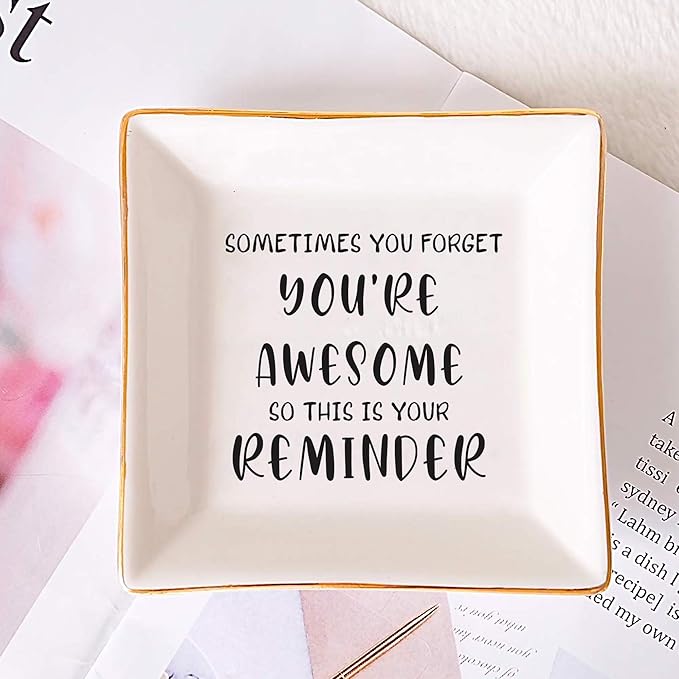 SUNBMO Sometimes You Forget You are Awesome - Thank You & Birthday Gifts, Inspirational Gifts for Women, Friends, Coworkers, Boss & Employee - Ceramic Jewelry Trinket Dish