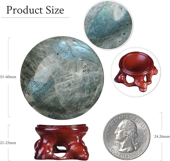 mookaitedecor Natural Labradorite Crystal Ball with Resin Stand, Decorative Stone Sphere Ball for Feng Shui Meditation Divination Home Decor, 2-2.36 Inch (51-60 mm)