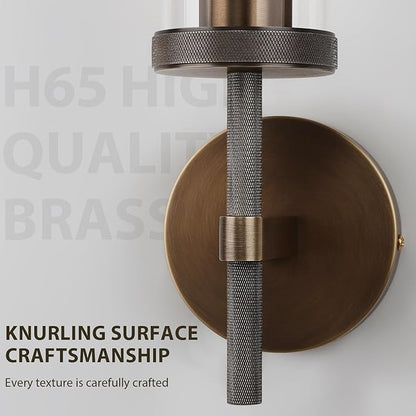15" Knurled Brass Wall Sconces Set of 2, Bronze Bathroom Vanity Light Fixtures with Clear Glass Tube, Modern Lamp Lighting for Bedroom, Living Room, Hallway, Staircase, Mirror, Kitchen