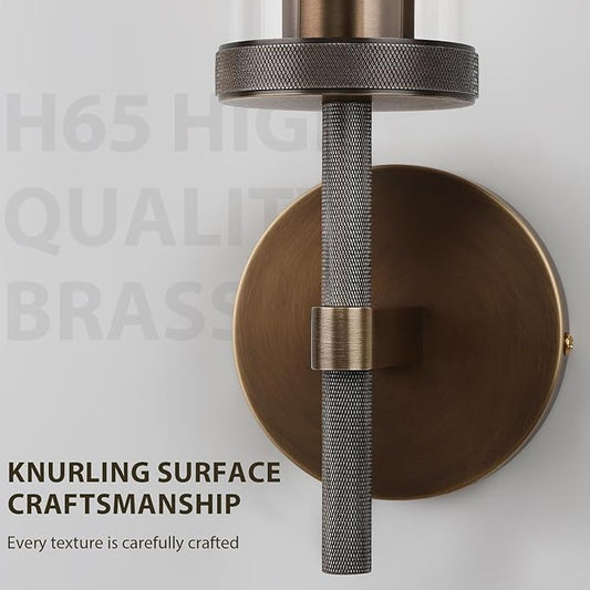 15" Knurled Brass Wall Sconce with Clear Glass Tube, Bronze Bathroom Vanity Light Fixtures, Modern Lamp Lighting for Bedroom, Living Room, Hallway, Staircase, Mirror, Kitchen