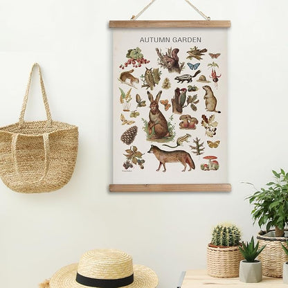 XIAOAIKA Autumn Garden Wildlife Poster - Vintage Illustrated Seasonal Fauna and Flora Chart with Wooden Frame - Educational Wall Art for Home, Classroom, or Nature Enthusiast 16 x 23 Inches