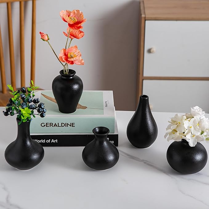 Black Ceramic Bud Vase Set of 5, Mini Vases for Flowers, Decorative Small Vases for Home Decor, Boho Wedding Centerpieces, Living Room, Dining Table & Shelf Decor