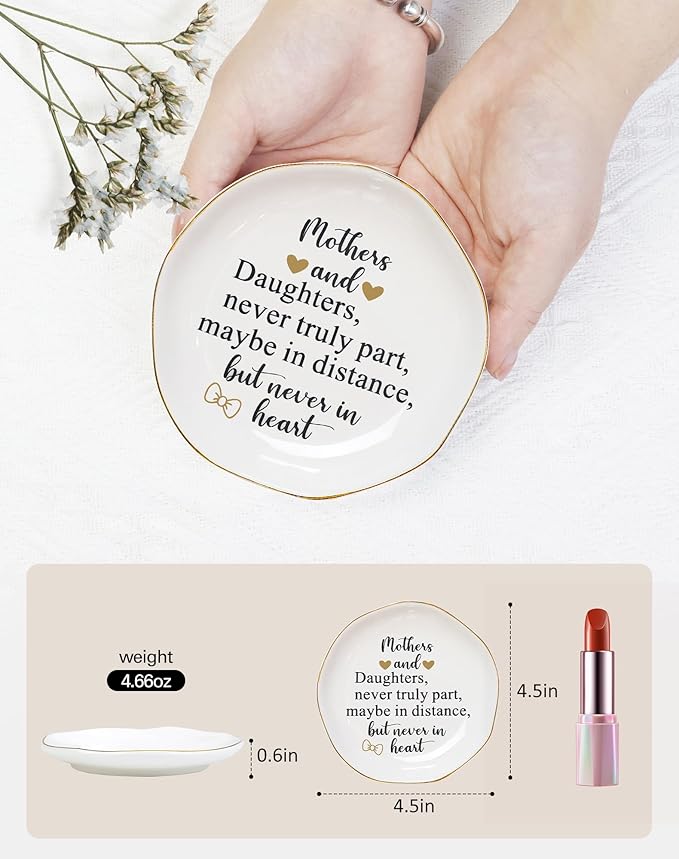 Fmeida Mother Gifts from Daughter - Mothers & Daughters never truly part maybe in distance but never in heart Jewelry Tray, Ceramic Ring Dish Christmas Gifts for Mom Birthday Thanksgiving Mother's Day