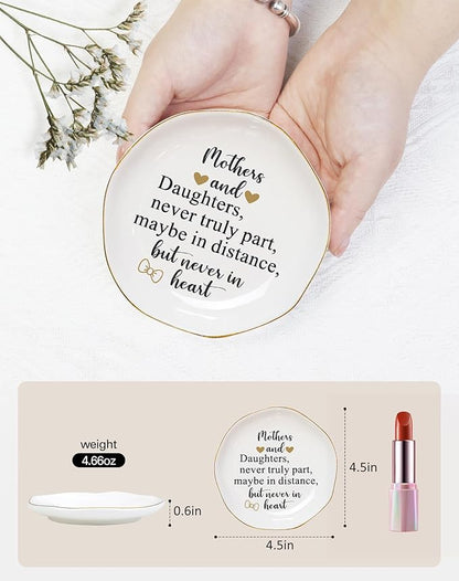 Fmeida Mother Gifts from Daughter - Mothers & Daughters never truly part maybe in distance but never in heart Jewelry Tray, Ceramic Ring Dish Christmas Gifts for Mom Birthday Thanksgiving Mother's Day