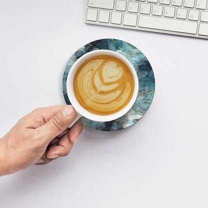 6 Pcs Ceramic Coasters with Holder Absorbent Drink Round Gold and Blue Marble Style Design for Home Table Coffee Cup Wine Beer Bar,Size 4.4 inches
