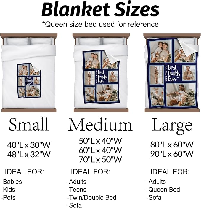 Fathers Day Personalized Gifts from Daughter Custom Blankets with Photos and Text Multiple Colors Sizes Soft Flannel Gifts for Men Birthday Gifts for Dad
