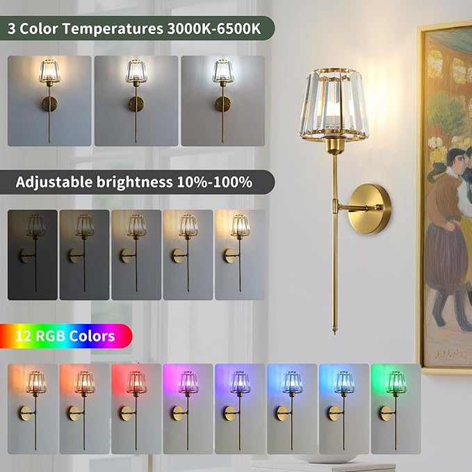 Battery Operated Crystal Wall Sconce Set of 2, Brushed Gold Wireless Wall Light with Remote Control, LED Dimmable 15 Colors USB Rechargeable Light Bulbs Wall Lamp for Bedroom Living Room Hallway