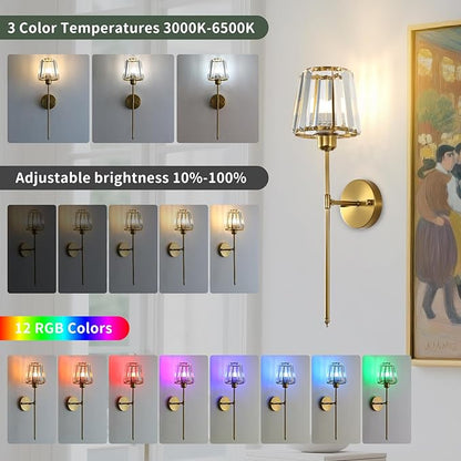 Battery Operated Crystal Wall Sconce Set of 2, Brushed Gold Wireless Wall Light with Remote Control, LED Dimmable 15 Colors USB Rechargeable Light Bulbs Wall Lamp for Bedroom Living Room Hallway