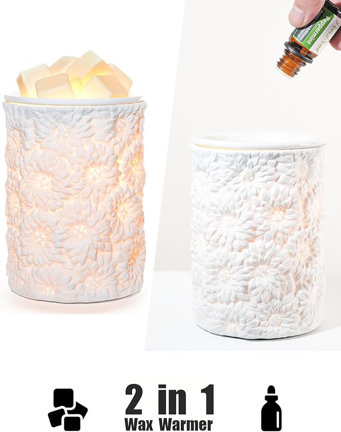 Sunflower Flower Wax Melt Warmer with Timer Dimmable Electric White Ceramic Christmas Oil Melter Cute Small Aromatherapy for Women Home Decorative Burner Light Scented Candle Tart Scent Warm Fragrance