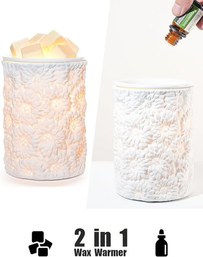 Sunflower Flower Wax Melt Warmer with Timer Dimmable Electric White Ceramic Christmas Oil Melter Cute Small Aromatherapy for Women Home Decorative Burner Light Scented Candle Tart Scent Warm Fragrance