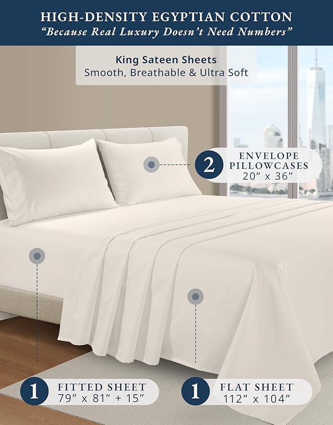 LANE LINEN 100% Egyptian Cotton King Size Bed Sheets, Machine Washable Naturally Temperature regulating Sustaibable No Pill Fade Resistant King Size Sheets Set Cotton - Sea Salt