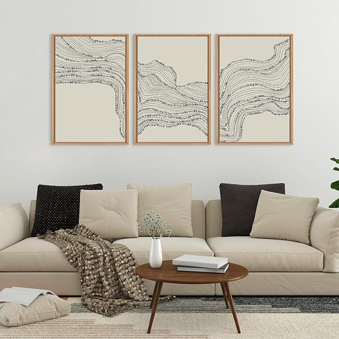 HLNIUC Neutral Abstract Framed Canvas Wall Art Set, Black Beige Wave Line Wall Decor, Large Minimalist Painting, Modern Geometric Art Print for Living Room, Bedroom, Dinning Room, Office - 16"x24"x3