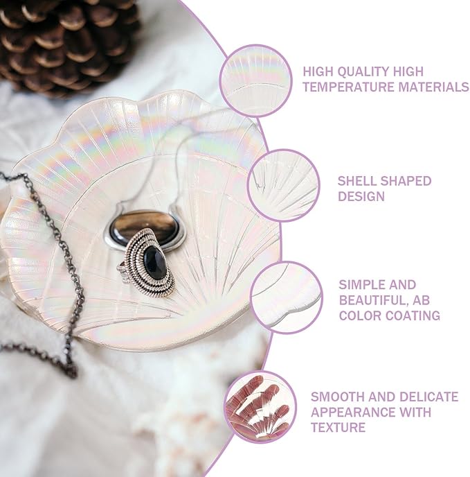 Shell-Shaped Jewelry Tray and Earrings Plate, Iridescent Glass Jewelry Storage Dish for Desktop Organization and Display