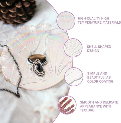 Shell-Shaped Jewelry Tray and Earrings Plate, Iridescent Glass Jewelry Storage Dish for Desktop Organization and Display