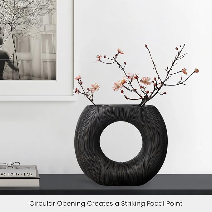 Torre & Tagus Black Donut Vase for Flowers - 9 Inch Tall Textured Vases for Centerpieces with 2 Openings, Sculptures Home Decor & Abstract Sculptures Home Decor for Shelf Decor Aesthetic (Alma)