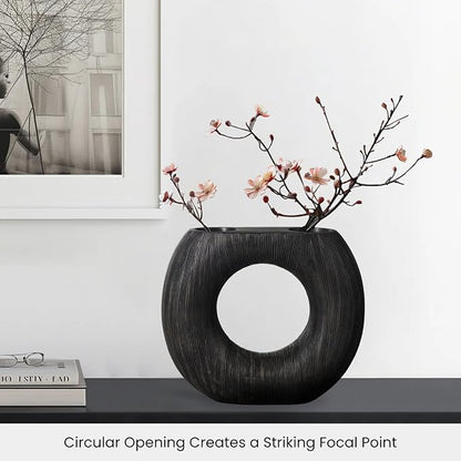 Torre & Tagus Black Donut Vase for Flowers - 9 Inch Tall Textured Vases for Centerpieces with 2 Openings, Sculptures Home Decor & Abstract Sculptures Home Decor for Shelf Decor Aesthetic (Alma)