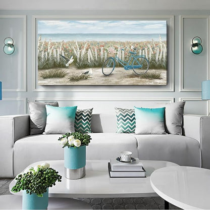 Large Wall Art for Living Room Boho Ocean Beach Canvas Print Coastal Vintage Wildflower Daisy Flowers Landscape Seaside Blue Bicycle Seagull Seascape Artwork for Seashore Farmhouse Bedroom 60x30inch