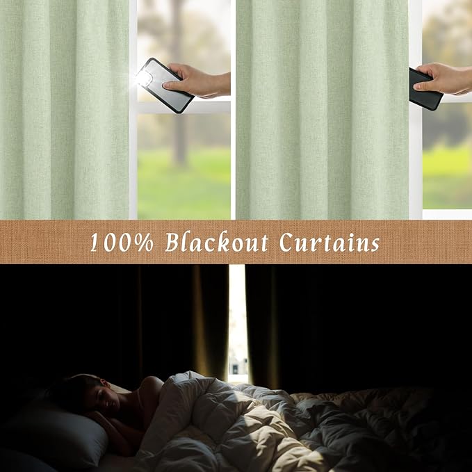 LAMIT 100% Blackout Natural Linen Curtains, 63 Inches Linen Textured Thermal Bedroom Curtains Back Tab and Rod Pocket Neutral Panels with White Liner for Farmhouse, 2 Panels, 52 x 63 Inch, Light Green