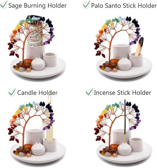 5 in 1 Incense Burner Holder with Crystal Healing Tree, Palo Santo Holder, Sage Holder, Incense Holder for Sticks/Cones/Candles, Ceramic Tray Ash Catcher for Burning Incense, Meditation Gift (White)