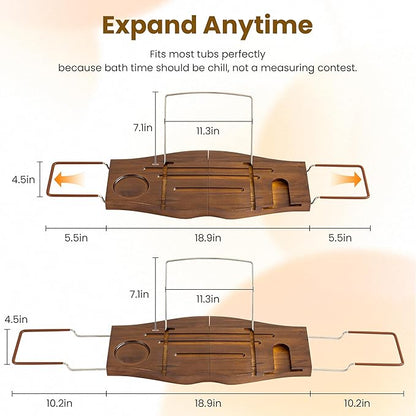 Teak Bathtub Tray Expandable Bathroom Tray for Home Spa Relaxation, Wooden Tray Caddy for Bathtub, Teak Bathtub Caddy as Unique Housewarming, Birthday, Wedding Shower Gifts. Light Walnut