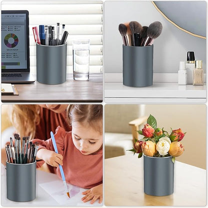 RQB Metal Pen Holder for Desk Round Aluminum Desktop Organizer and Makeup Brush Holder Storage Box for Office, School, Home, and Kids, Non-slip silicone bottom3.9×3.14inch (Grey)