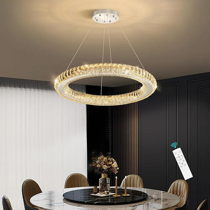 LED Chandelier Modern Dimmable Dining Room Chanderliers Entryway Crystal Ring Pendant Lights for Kitchen Bedroom Living Room Silver Light