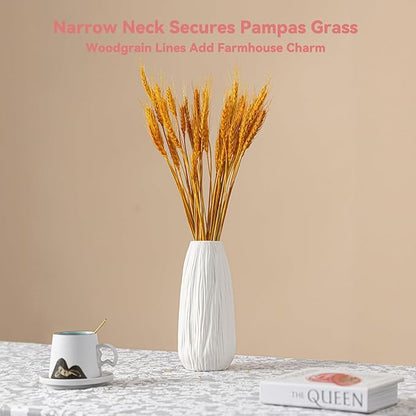 White Ceramic Vase with Woodgrain Texture & Vertical Lines - 9.3" Unique Flower Vase for Pampas Grass & Centerpieces, Farmhouse/Boho Decorative Vase for Living Room, Office Desk &Gift for Her/Yourself