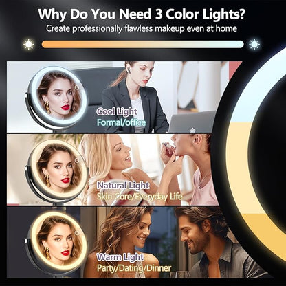 MIYADIVA Makeup Mirror with Lights,20X Magnifying Mirror with Light and Touch Switch,Vanity Mirror with 3 Color Light and 80 LEDs,2-Sided Lighted Magnified Mirrors 8.8 Inches, Black