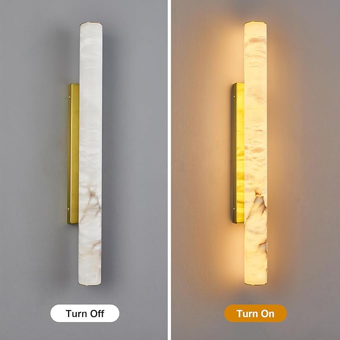 LMQNINE Natural Alabaster Wall Sconces Spanish Marble Wall Light Cylinder Modern Gold LED Sconce for Living Room Bedroom Bathroom Stairs（L-1Pack）