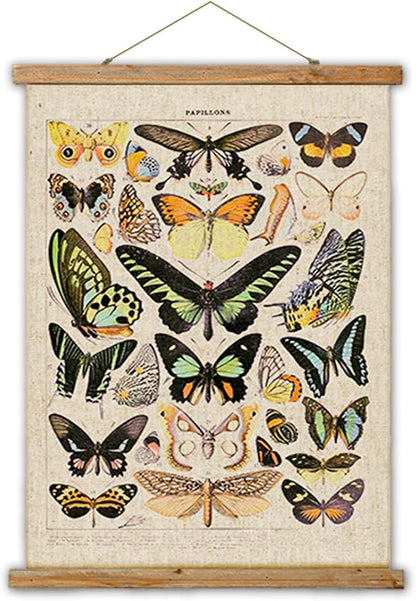 Vintage Butterflies Hanging Poster, Retro Style of Wall Art Prints, Printed on Linen with Wood Frames, Ready to Hang