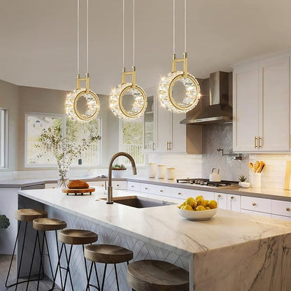 Kitchen Island Mini Light Fixture Modern Led Crystal Pendant Light Gold Round Chandelier for Dining Room Living Room Kitchen Bedroom Bar（1-Pack）