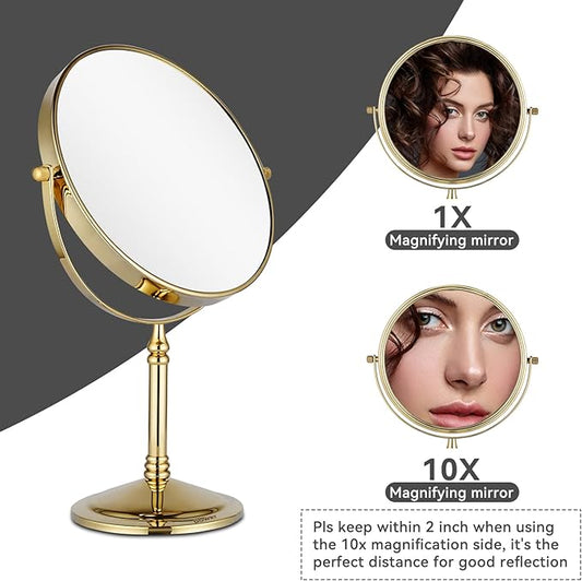 DOWRY Makeup Mirror 10x Magnification Vanity Mirror Tabletop Two-Sided Swivel Gifts for Women Wife Mom Teengirls Gold Finish(10X)