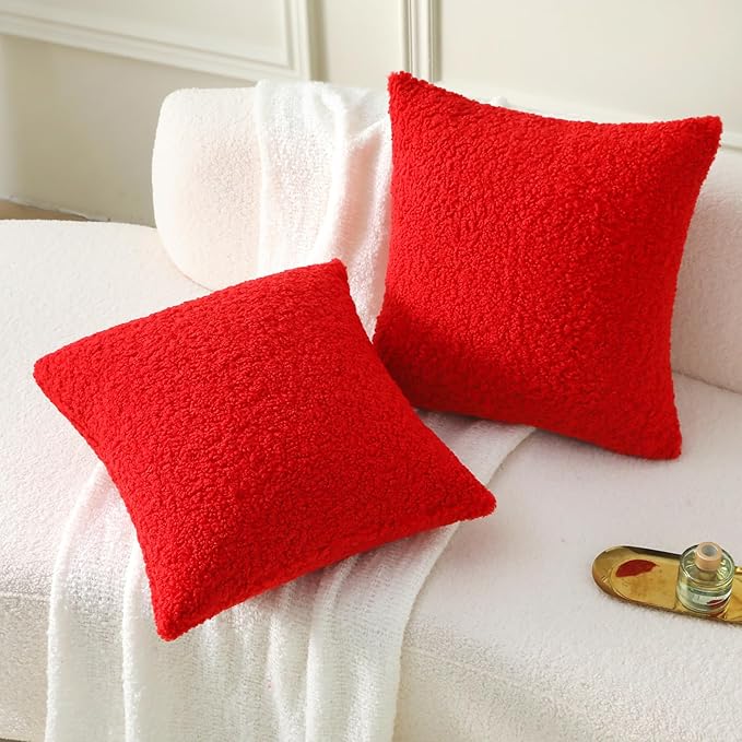 FUTEI Christmas Red Throw Pillow Covers 26x26 Inch Set of 2,Furry Faux Fur Teddy Boucle Textured Cushion Covers,Soft Fluffy Decorative Euro Pillow Shams,Home Decor for Couch Bed Living Room Office Car