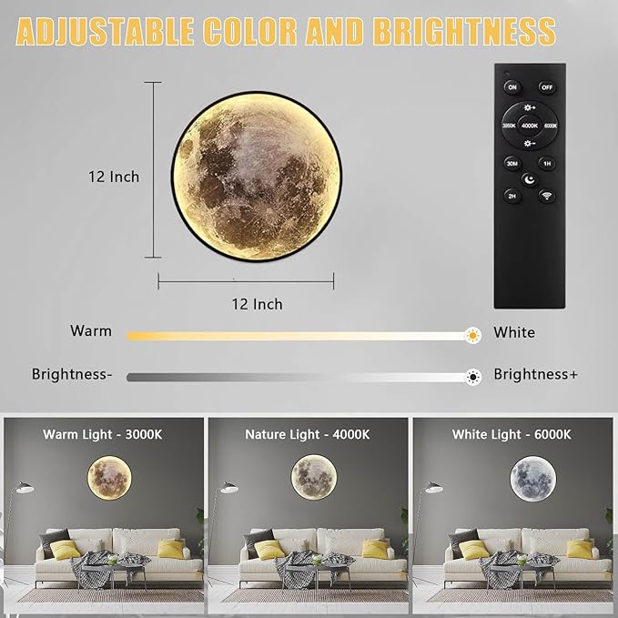 Dimmable Moon Wall Lamp, Rechargeable Battery Operated Wall Sconce Moon Lights with Remote, 3 Color Indoor Wall Mounted Lighting Ceiling Light for Living Bedroom Birthday Christmas Gift - 12 inch