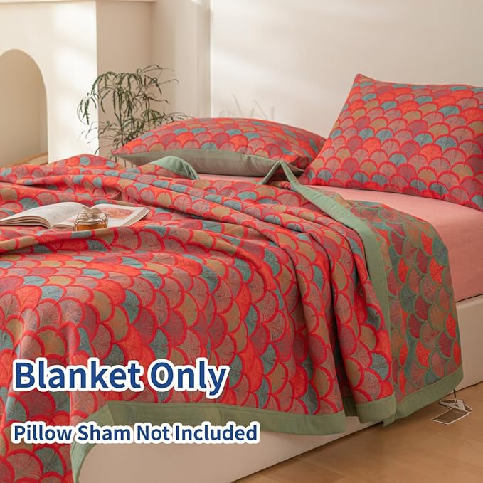 100% Cotton Muslin Blanket Jacquard Rustic Mermaid Fish Scales Quilt, Soft Bed Cover 3 Layers Reversible Bedspread Coverlet Breathable Lightweight Bedding Twin(59"x94"), No Pillow Sham
